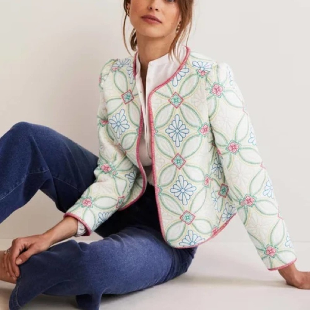 Boden White Blazer with Colorful Floral Design